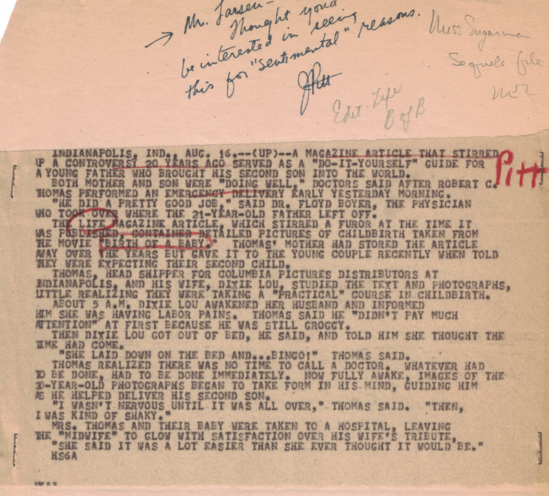 A telegram sent to Roy Larsen regarding another publication’s piece on how LIFE’s “Birth of a Baby” actually aided the delivery of a child. Time Inc. subject files {MS 3009. RG 1}, New-York Historical Society.